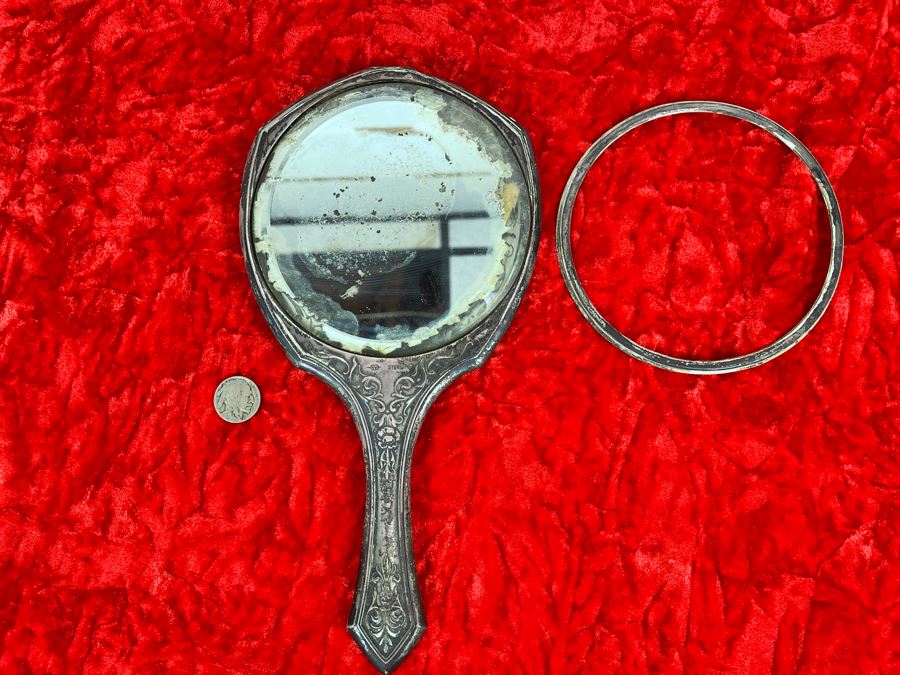 Antique Sterling Silver Repousse Vanity Mirror (Needs To Be Resoldered) [Photo 4]