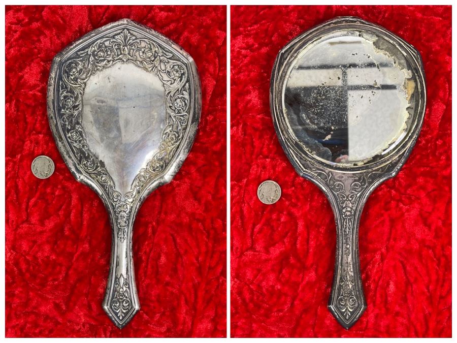 Antique Sterling Silver Repousse Vanity Mirror (Needs To Be Resoldered)