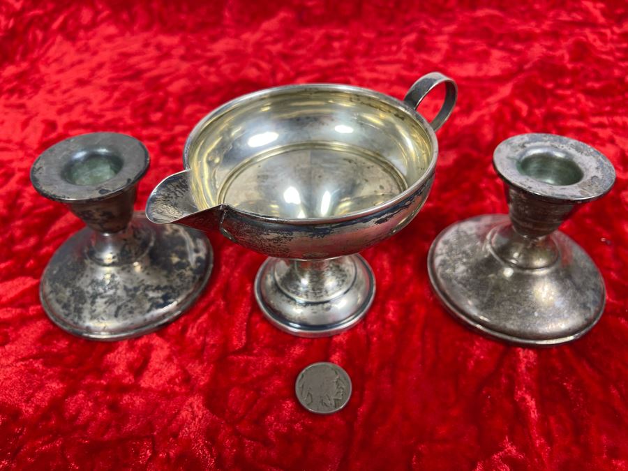 Pair Of Vintage Sterling Silver Weighted Candle Holders And Sterling Silver Weighted Creamer