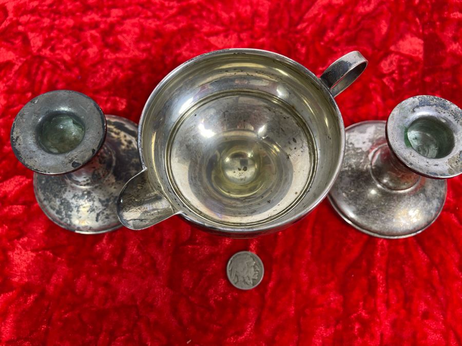 Pair Of Vintage Sterling Silver Weighted Candle Holders And Sterling Silver Weighted Creamer [Photo 6]