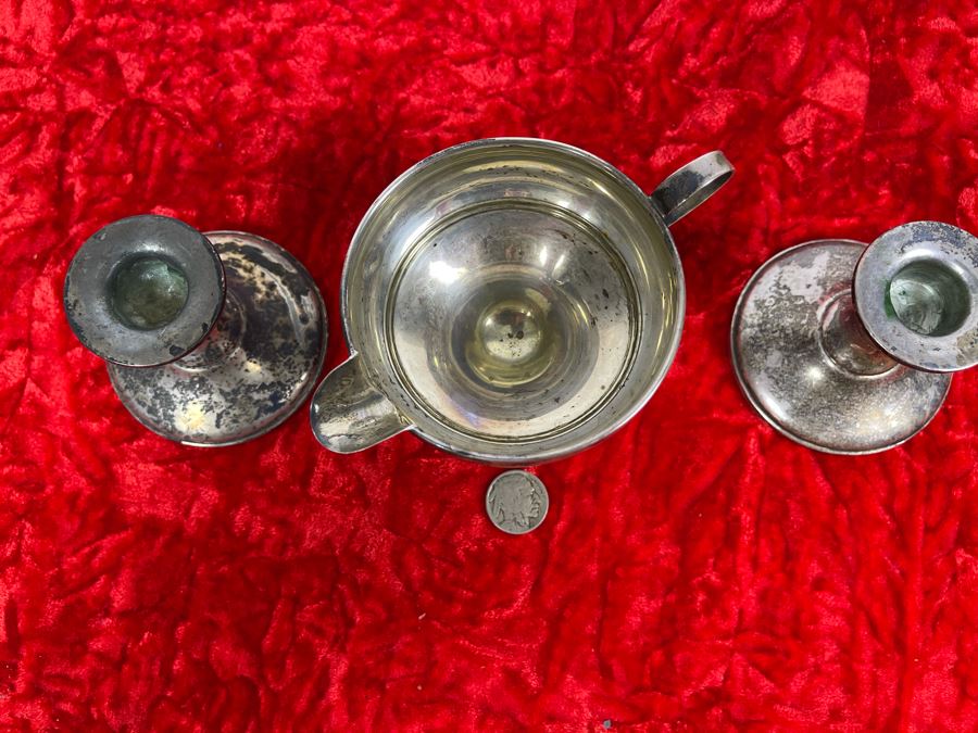 Pair Of Vintage Sterling Silver Weighted Candle Holders And Sterling Silver Weighted Creamer [Photo 7]