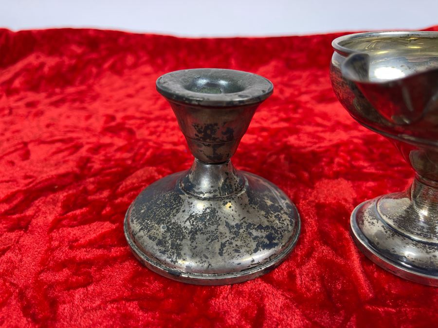 Pair Of Vintage Sterling Silver Weighted Candle Holders And Sterling Silver Weighted Creamer [Photo 4]