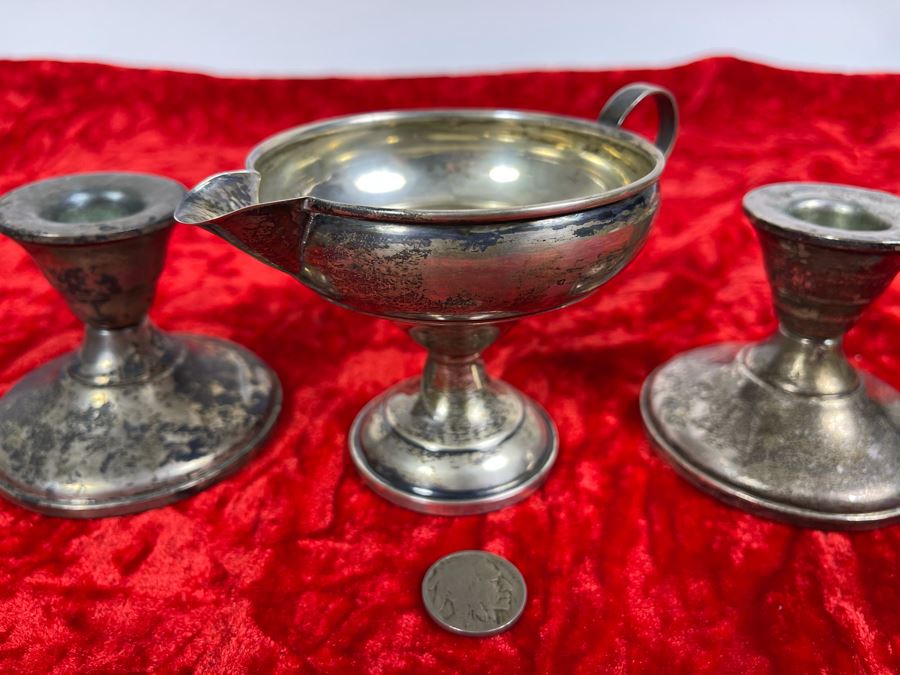 Pair Of Vintage Sterling Silver Weighted Candle Holders And Sterling Silver Weighted Creamer [Photo 3]