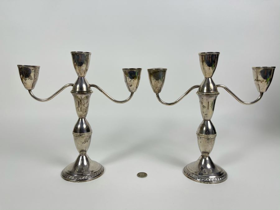Pair Of Vintage Sterling Silver Weighted Candelabras 9.5W X 10H