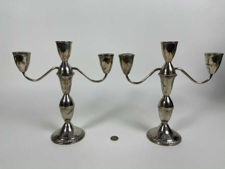 Pair Of Vintage Sterling Silver Weighted Candelabras 9.5W X 10H [Photo 2]
