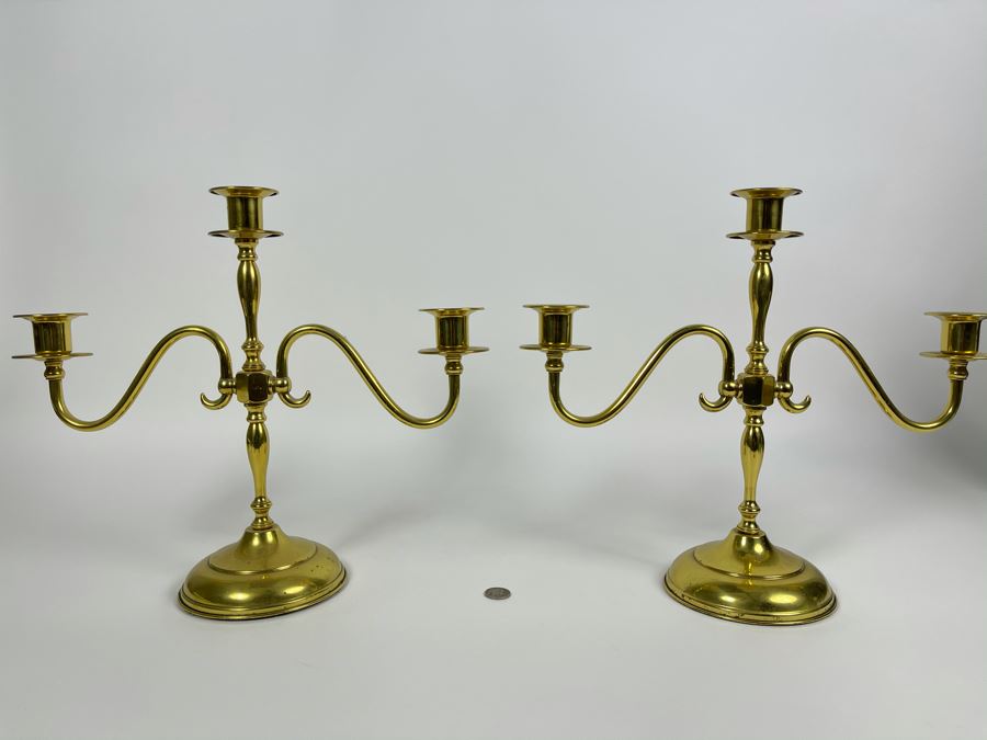 Pair Of Vintage Brass Candelabras 15W X 13H