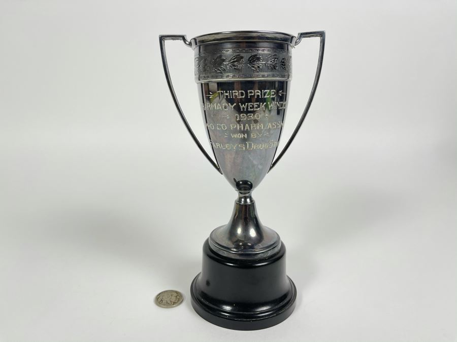 Vintage 1930 Silverplate Trophy Third Prize Pharmacy Week Window Won By Client Who Owned Farley's Drug Store In New Jersey 7.5H [Photo 1]