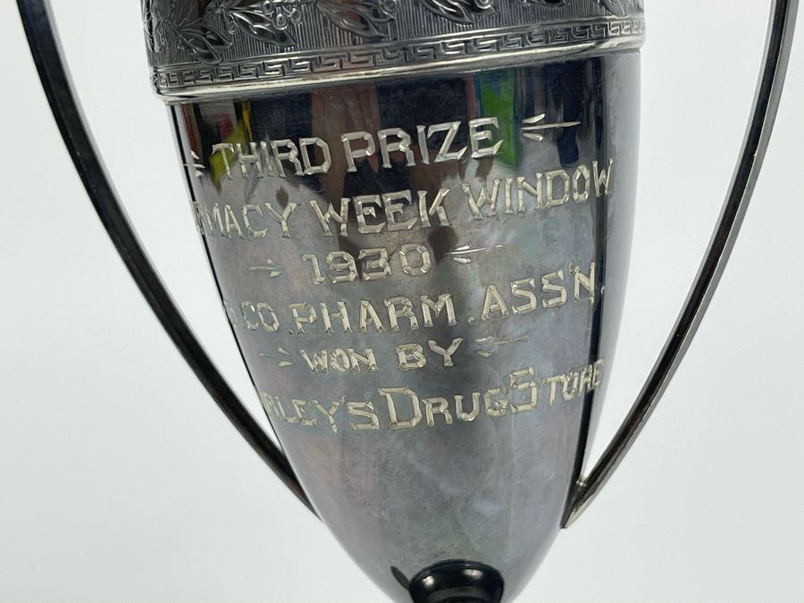 Vintage 1930 Silverplate Trophy Third Prize Pharmacy Week Window Won By Client Who Owned Farley's Drug Store In New Jersey 7.5H [Photo 5]