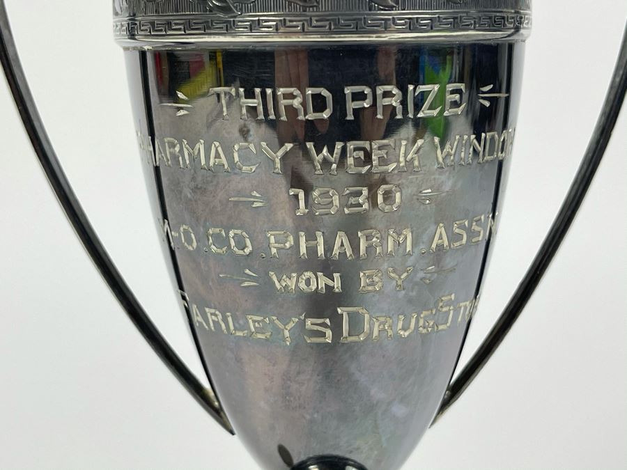 Vintage 1930 Silverplate Trophy Third Prize Pharmacy Week Window Won By Client Who Owned Farley's Drug Store In New Jersey 7.5H [Photo 3]