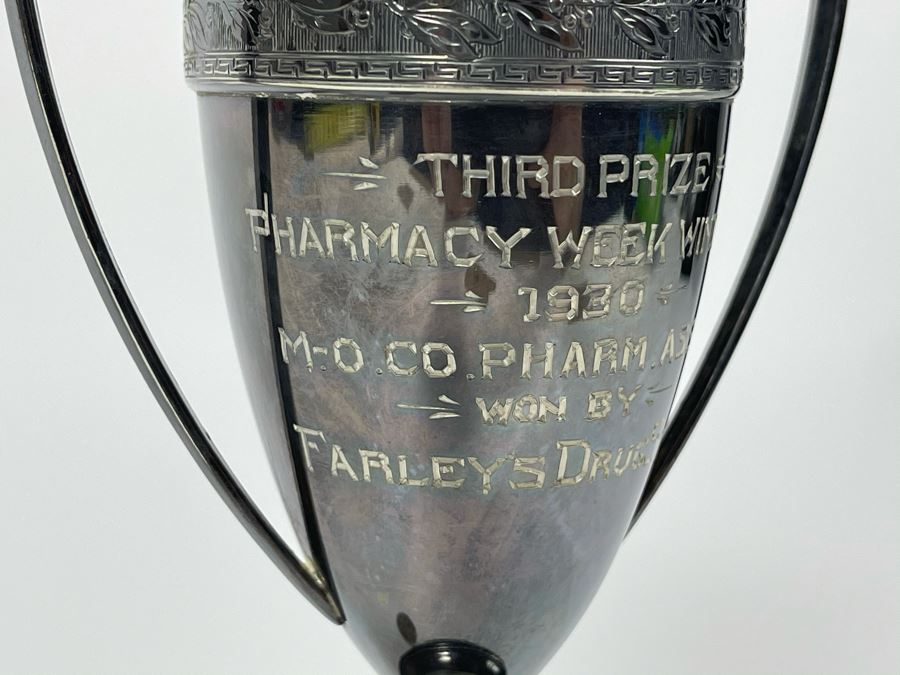 Vintage 1930 Silverplate Trophy Third Prize Pharmacy Week Window Won By Client Who Owned Farley's Drug Store In New Jersey 7.5H [Photo 4]