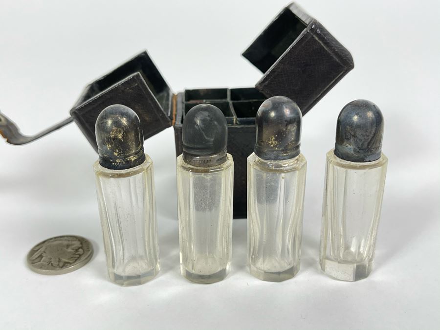 Set Of Four Antique Glass Vials Bottles With Sterling Silver Lids And Case [Photo 1]