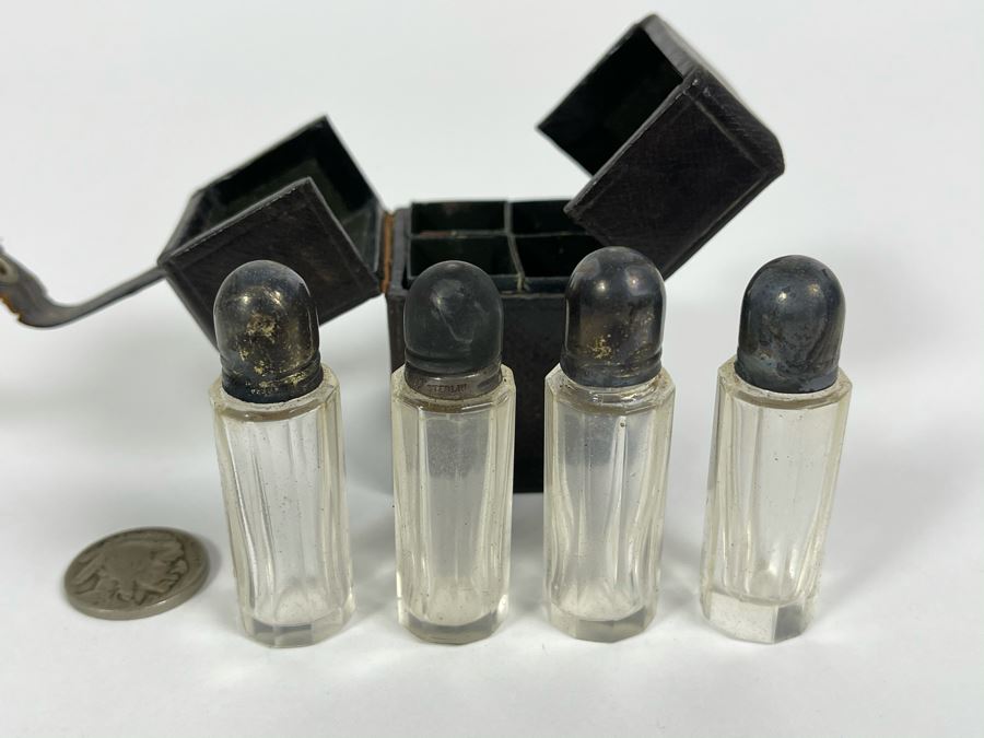 Set Of Four Antique Glass Vials Bottles With Sterling Silver Lids And Case [Photo 2]