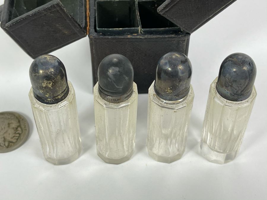 Set Of Four Antique Glass Vials Bottles With Sterling Silver Lids And Case [Photo 5]