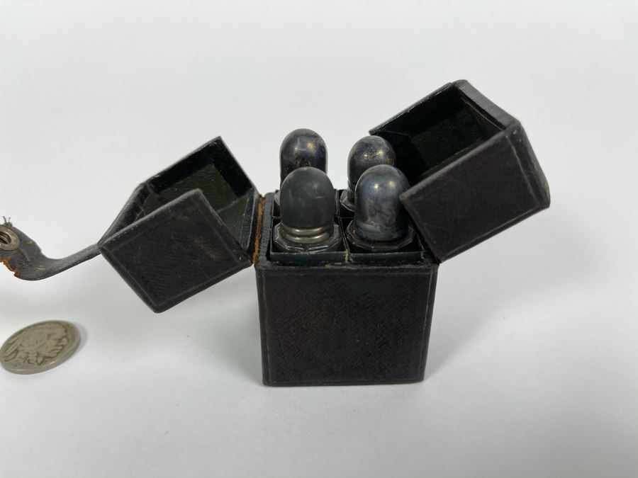 Set Of Four Antique Glass Vials Bottles With Sterling Silver Lids And Case [Photo 3]