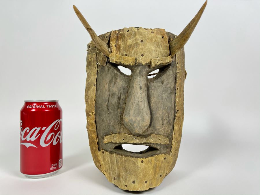 Vintage Handmade Carved Wooden Ethnic Mask With Horns 7W X 9.5H X 7D [Photo 3]