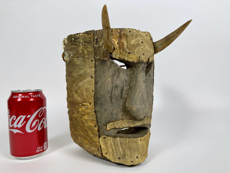 Vintage Handmade Carved Wooden Ethnic Mask With Horns 7W X 9.5H X 7D [Photo 2]