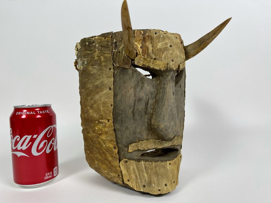 Vintage Handmade Carved Wooden Ethnic Mask With Horns 7W X 9.5H X 7D [Photo 4]