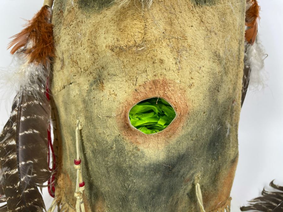 Vintage Native American Navajo Haschogan House God Spirit Ceremonial Mask Leather Signed A. Mance Soft Snow With Three Mounds And Arrow With Two Lines 20'H X 12'W (Some Feathers Are Loose) [Photo 8]