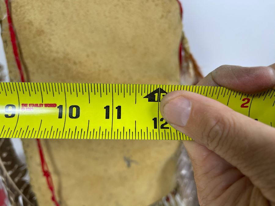 Vintage Native American Navajo Haschogan House God Spirit Ceremonial Mask Leather Signed A. Mance Soft Snow With Three Mounds And Arrow With Two Lines 20'H X 12'W (Some Feathers Are Loose) [Photo 16]