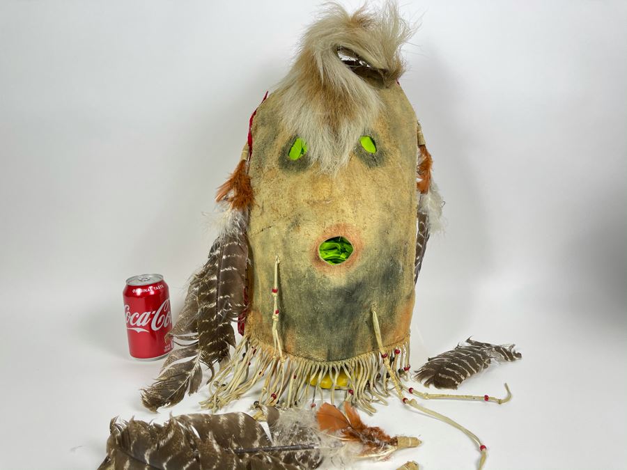 Vintage Native American Navajo Haschogan House God Spirit Ceremonial Mask Leather Signed A. Mance Soft Snow With Three Mounds And Arrow With Two Lines 20'H X 12'W (Some Feathers Are Loose) [Photo 1]