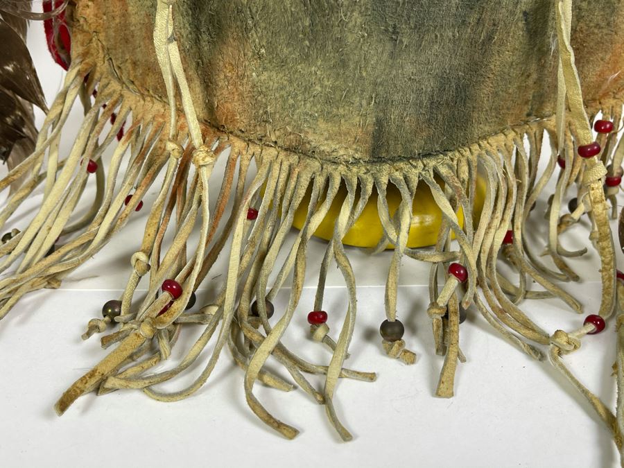 Vintage Native American Navajo Haschogan House God Spirit Ceremonial Mask Leather Signed A. Mance Soft Snow With Three Mounds And Arrow With Two Lines 20'H X 12'W (Some Feathers Are Loose) [Photo 10]