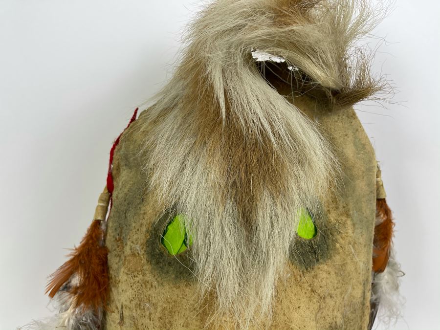 Vintage Native American Navajo Haschogan House God Spirit Ceremonial Mask Leather Signed A. Mance Soft Snow With Three Mounds And Arrow With Two Lines 20'H X 12'W (Some Feathers Are Loose) [Photo 5]