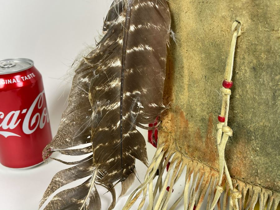 Vintage Native American Navajo Haschogan House God Spirit Ceremonial Mask Leather Signed A. Mance Soft Snow With Three Mounds And Arrow With Two Lines 20'H X 12'W (Some Feathers Are Loose) [Photo 11]