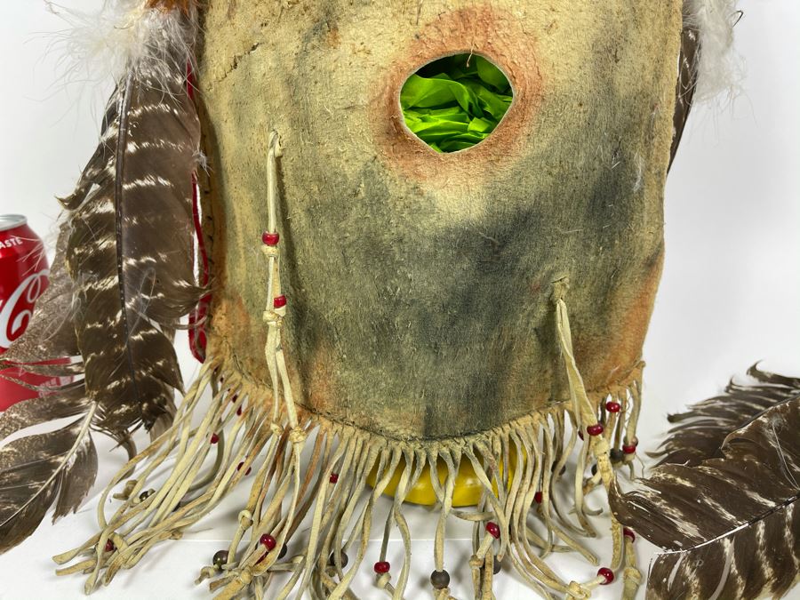 Vintage Native American Navajo Haschogan House God Spirit Ceremonial Mask Leather Signed A. Mance Soft Snow With Three Mounds And Arrow With Two Lines 20'H X 12'W (Some Feathers Are Loose) [Photo 9]