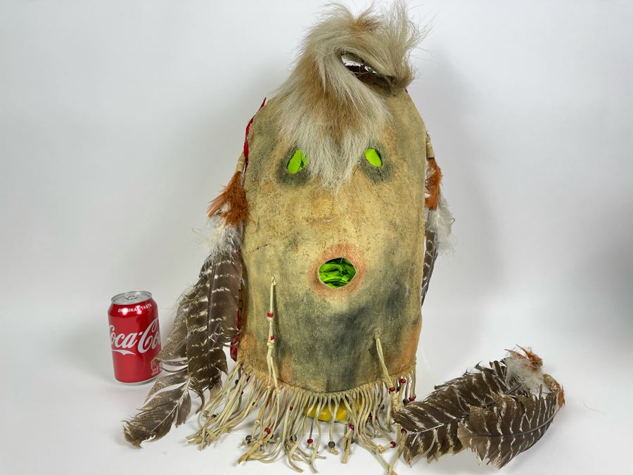 Vintage Native American Navajo Haschogan House God Spirit Ceremonial Mask Leather Signed A. Mance Soft Snow With Three Mounds And Arrow With Two Lines 20'H X 12'W (Some Feathers Are Loose) [Photo 4]