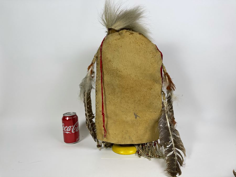 Vintage Native American Navajo Haschogan House God Spirit Ceremonial Mask Leather Signed A. Mance Soft Snow With Three Mounds And Arrow With Two Lines 20'H X 12'W (Some Feathers Are Loose) [Photo 14]