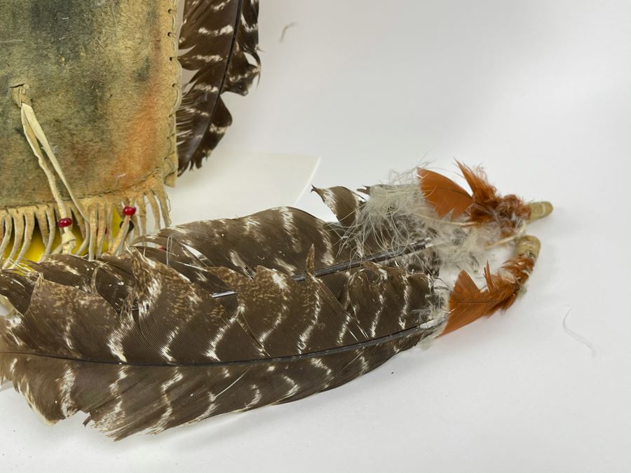 Vintage Native American Navajo Haschogan House God Spirit Ceremonial Mask Leather Signed A. Mance Soft Snow With Three Mounds And Arrow With Two Lines 20'H X 12'W (Some Feathers Are Loose) [Photo 12]