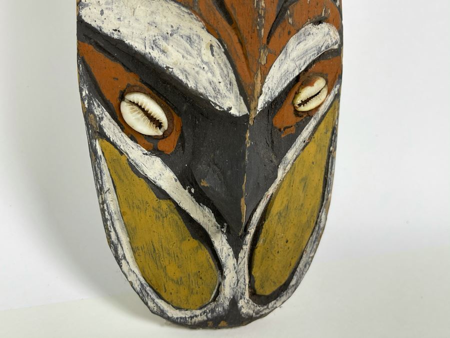 Vintage Hand Carved Handpainted Wooden Ethnic Mask With Cowrie Shells 4W X 12.5H [Photo 4]