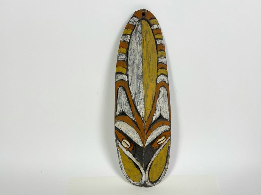 Vintage Hand Carved Handpainted Wooden Ethnic Mask With Cowrie Shells 4W X 12.5H [Photo 2]