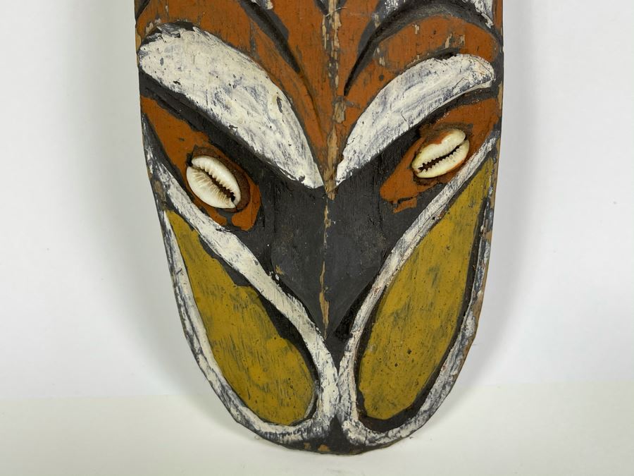 Vintage Hand Carved Handpainted Wooden Ethnic Mask With Cowrie Shells 4W X 12.5H [Photo 3]