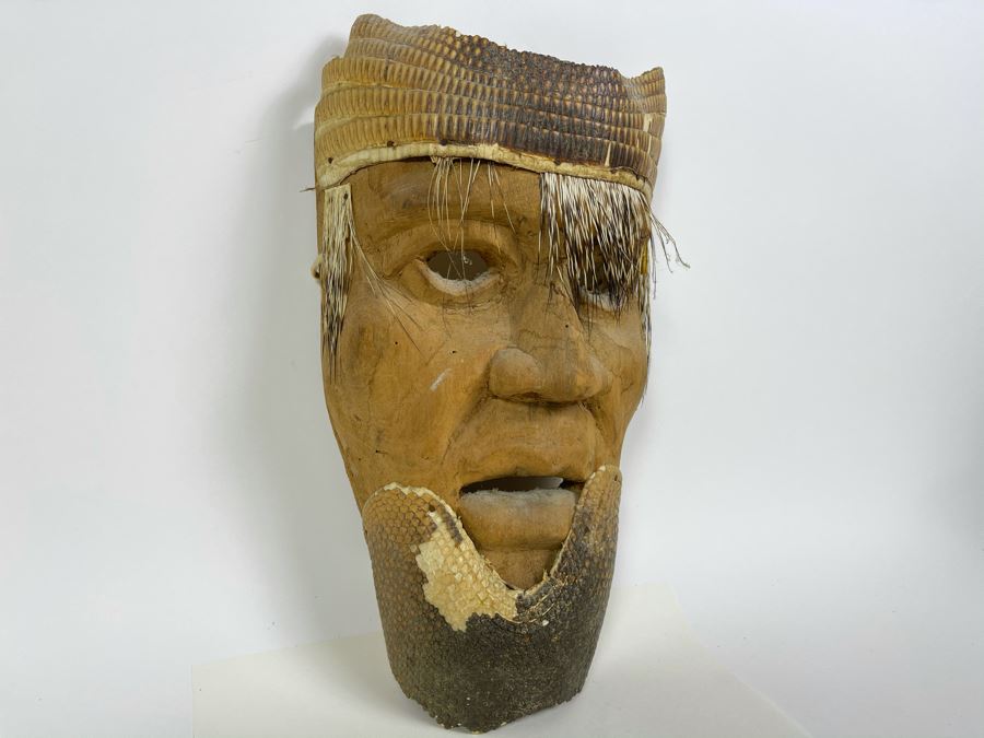 Vintage Carved Wooden Ethnic Mask With Armadillo Skin 7W X 13H X 4D [Photo 9]