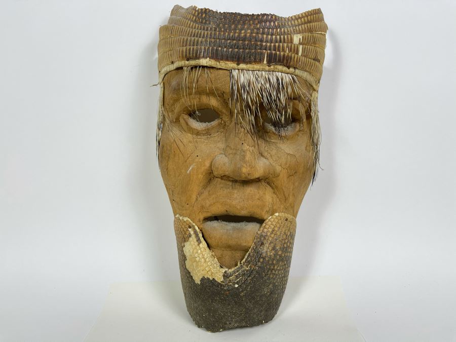 Vintage Carved Wooden Ethnic Mask With Armadillo Skin 7W X 13H X 4D [Photo 3]