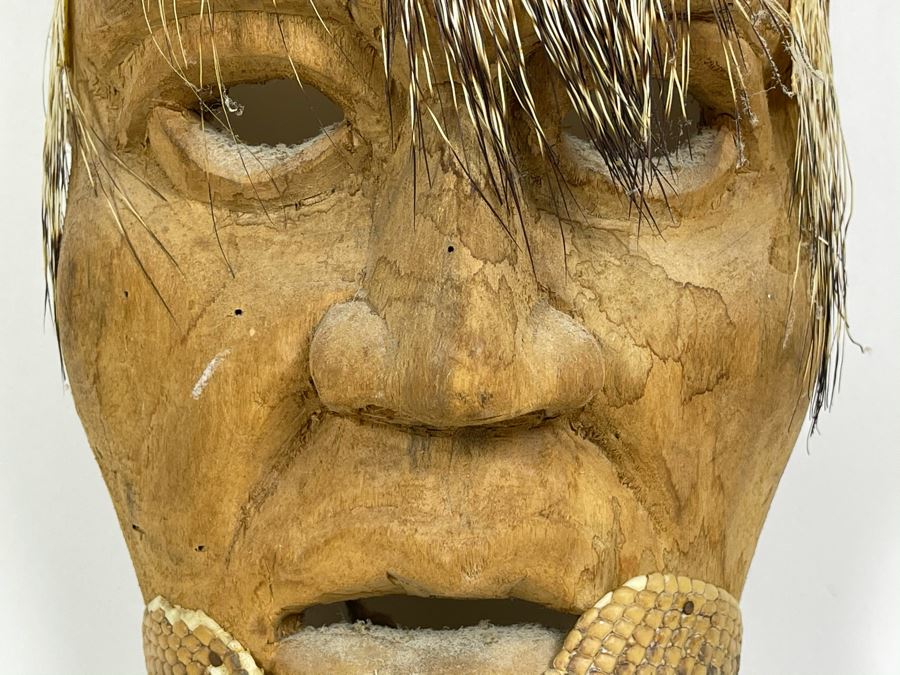Vintage Carved Wooden Ethnic Mask With Armadillo Skin 7W X 13H X 4D [Photo 7]