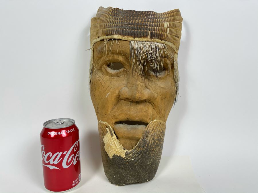 Vintage Carved Wooden Ethnic Mask With Armadillo Skin 7W X 13H X 4D