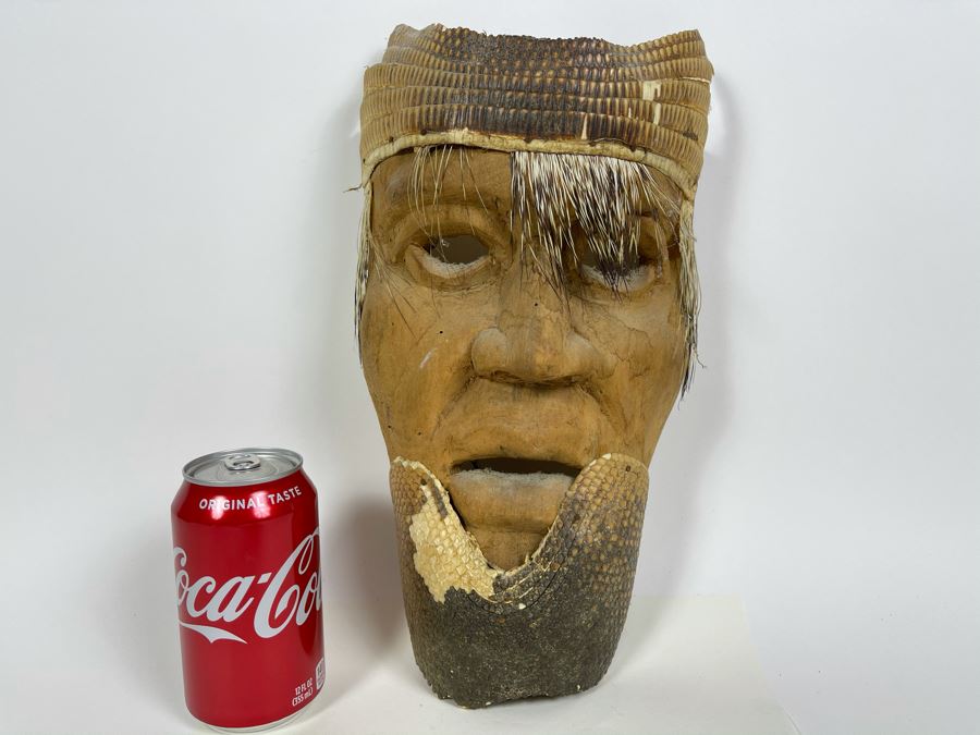 Vintage Carved Wooden Ethnic Mask With Armadillo Skin 7W X 13H X 4D [Photo 2]