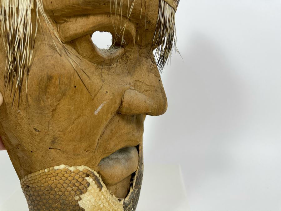 Vintage Carved Wooden Ethnic Mask With Armadillo Skin 7W X 13H X 4D [Photo 10]