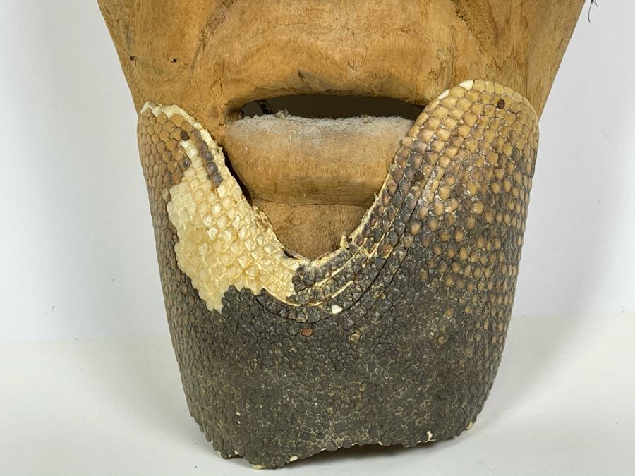 Vintage Carved Wooden Ethnic Mask With Armadillo Skin 7W X 13H X 4D [Photo 8]