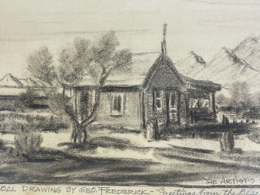 Framed Original Charcoal Drawing By George Frederick Titled 'Greetings From The Desert - 1935' The Artist's Studio 14 X 9 (George Frederick Gleich) [Photo 9]