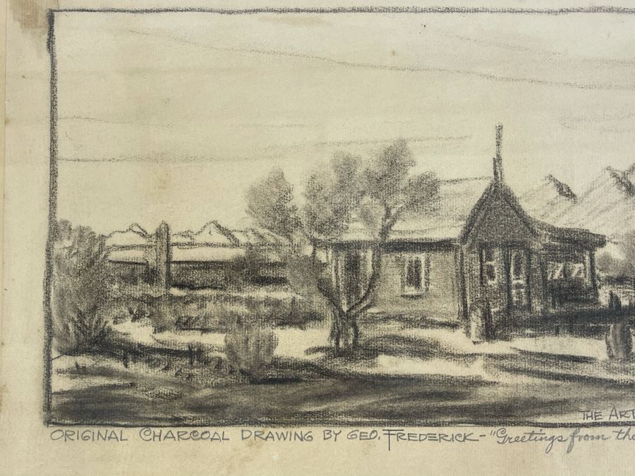 Framed Original Charcoal Drawing By George Frederick Titled 'Greetings From The Desert - 1935' The Artist's Studio 14 X 9 (George Frederick Gleich) [Photo 4]