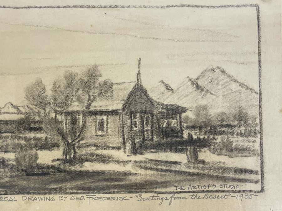 Framed Original Charcoal Drawing By George Frederick Titled 'Greetings From The Desert - 1935' The Artist's Studio 14 X 9 (George Frederick Gleich) [Photo 5]