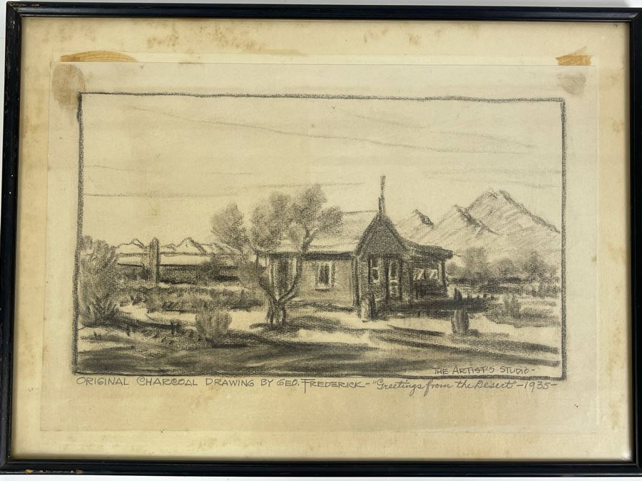 Framed Original Charcoal Drawing By George Frederick Titled 'Greetings From The Desert - 1935' The Artist's Studio 14 X 9 (George Frederick Gleich) [Photo 1]