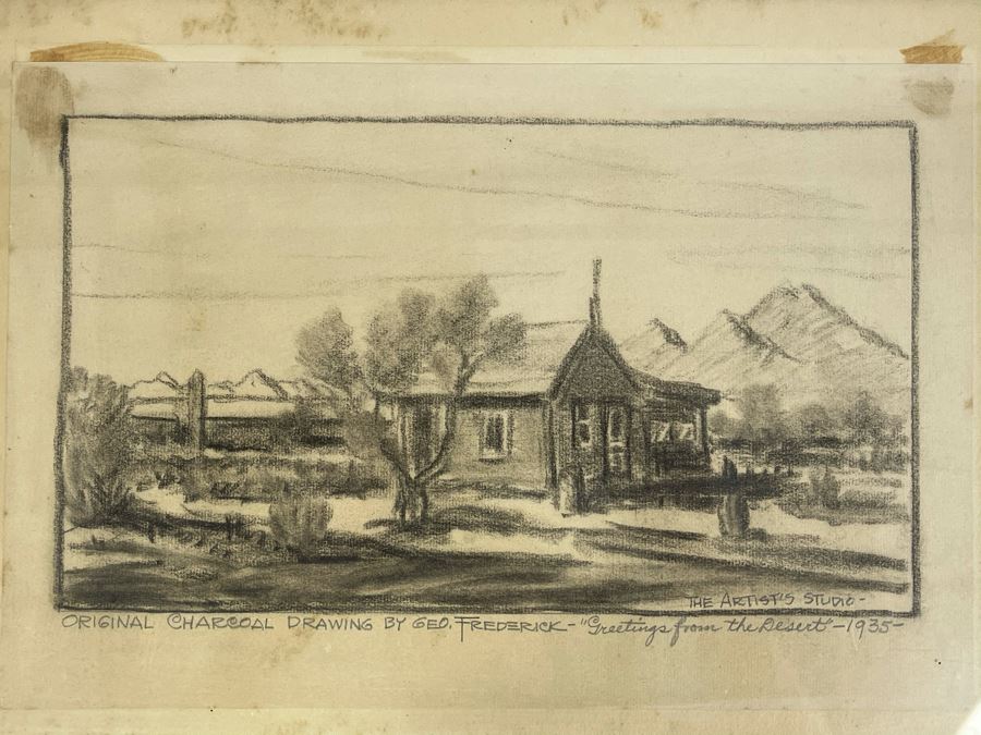 Framed Original Charcoal Drawing By George Frederick Titled 'Greetings From The Desert - 1935' The Artist's Studio 14 X 9 (George Frederick Gleich) [Photo 3]