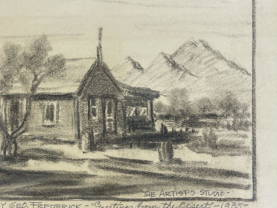 Framed Original Charcoal Drawing By George Frederick Titled 'Greetings From The Desert - 1935' The Artist's Studio 14 X 9 (George Frederick Gleich) [Photo 10]