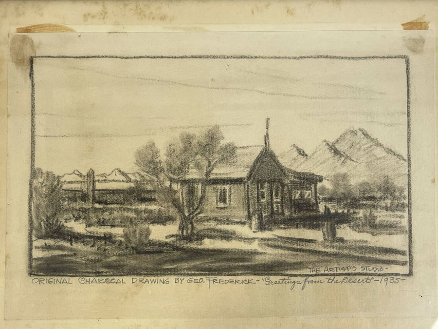 Framed Original Charcoal Drawing By George Frederick Titled 'Greetings From The Desert - 1935' The Artist's Studio 14 X 9 (George Frederick Gleich) [Photo 2]