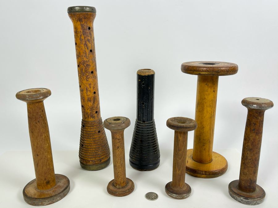 Collection Of Vintage Industrial Wooden Yarn Spools 12H - 5H [Photo 1]