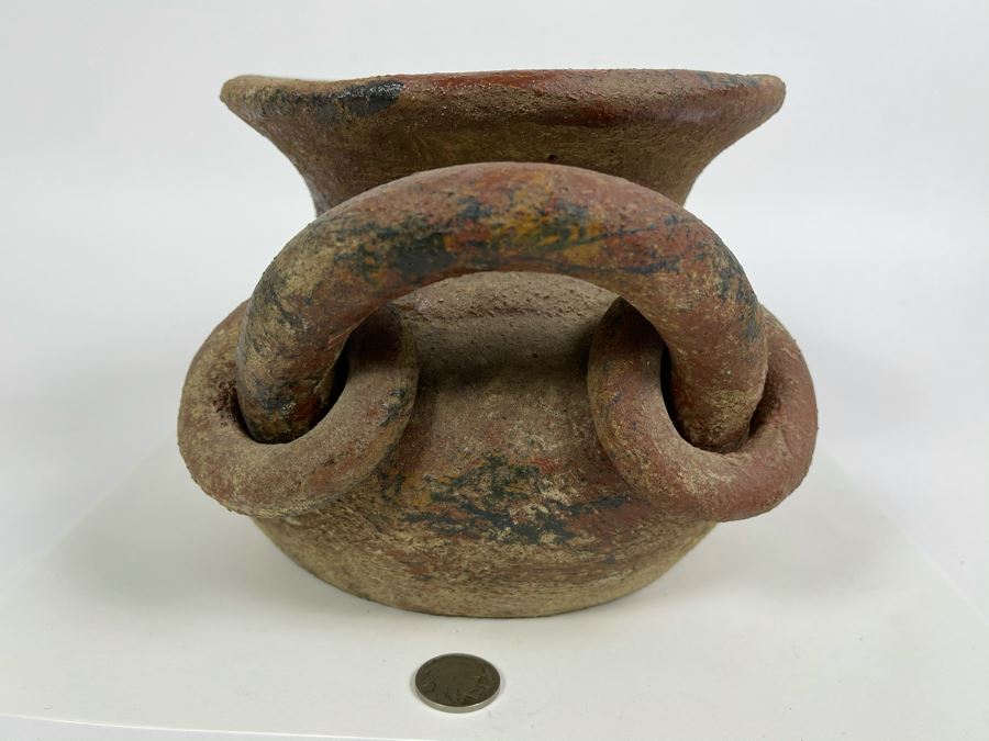 Vintage Pottery Pot With Rings On Handles 9W X 5.5H [Photo 3]